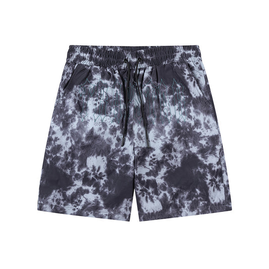 Black and gray tie-dye graphic shorts with drawstring waist and front pockets - view 2