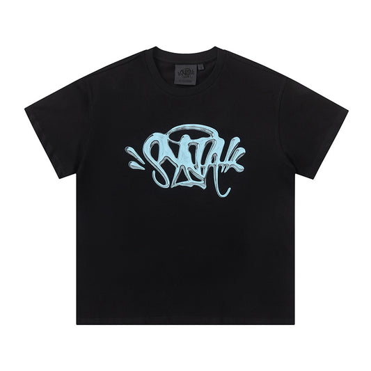 Black short sleeve crew neck T-shirt with light blue graffiti-style chest graphic - view 2