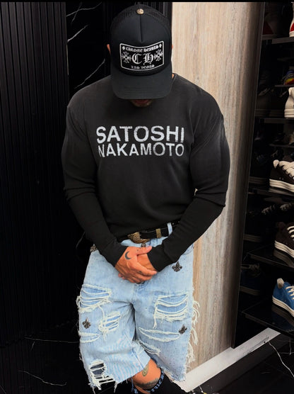 Satoshi Nakamoto Graphic Print Long Sleeve Waffle Knit Oversized Tee Casual Streetwear Top | Waffle Nakamoto