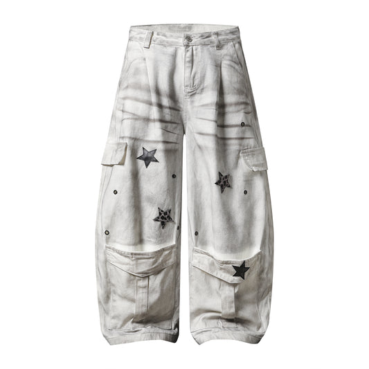 Star Patch Cargo Jeans Washed Distressed Wide Leg Denim Pants Multi Pocket Leopard Star Rivet Streetwear Baggy Trousers | Star Fog