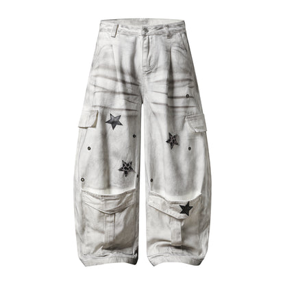 Star Patch Cargo Jeans Washed Distressed Wide Leg Denim Pants Multi Pocket Leopard Star Rivet Streetwear Baggy Trousers | Star Fog