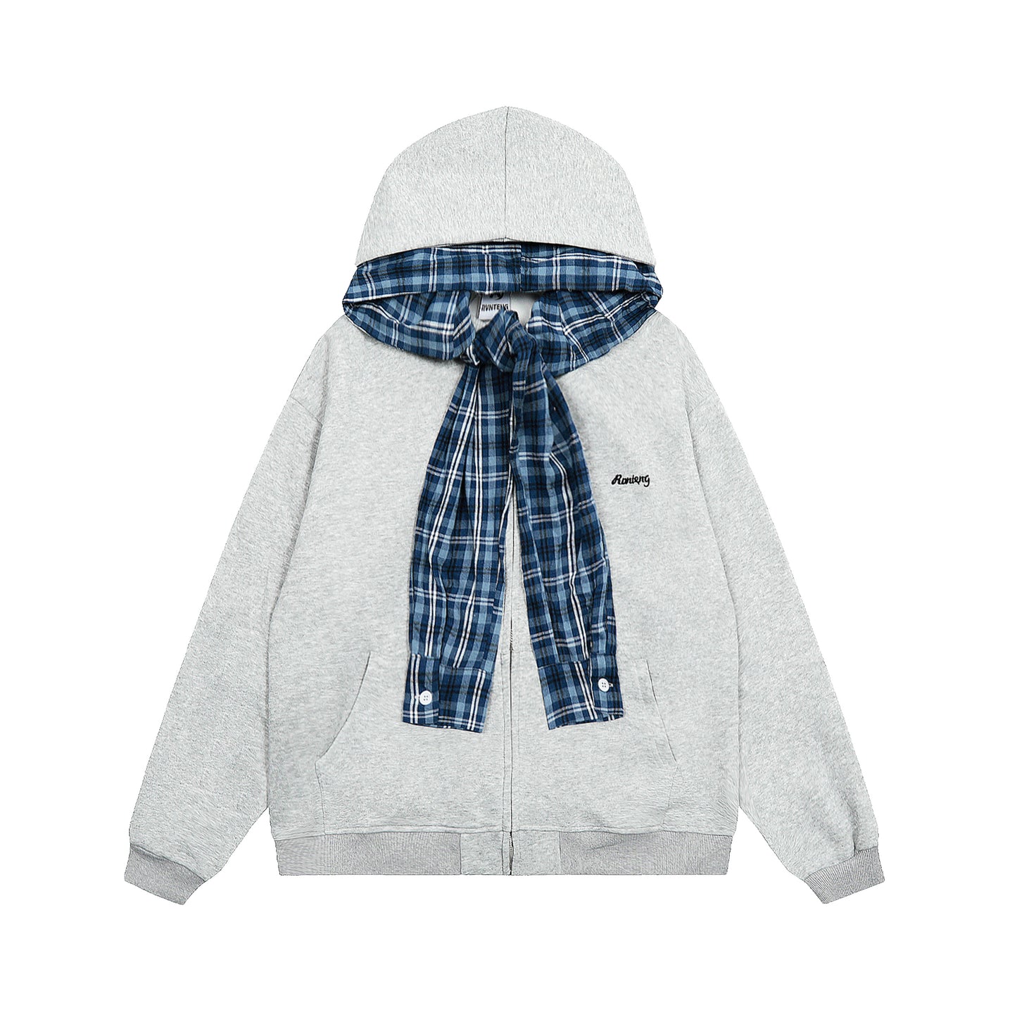 Women's Rvnteng Plaid Shirt Collar Bow Tie Full Zip Hoodie - Navy Blue Front View