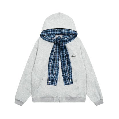 Women's Rvnteng Plaid Shirt Collar Bow Tie Full Zip Hoodie Sweatshirt Layered Look Long Sleeve Y2K Streetwear Jacket 2025
