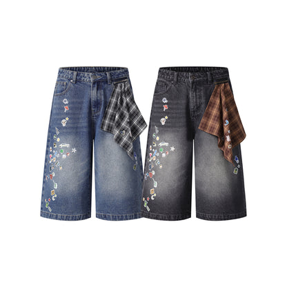 Cartoon Sticker Print Wide Leg Denim Shorts Plaid Handkerchief Waist Detail High Waist Casual Streetwear Baggy Jean Shorts | Sticker Hanky