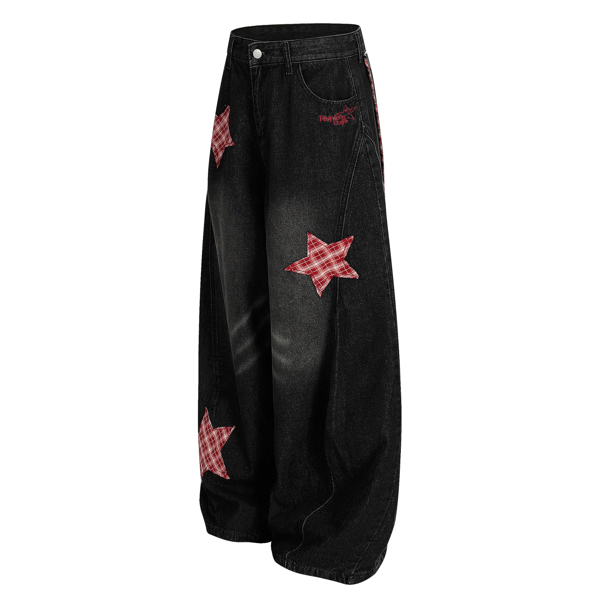 Women's Rvnteng Plaid Star Patch Balloon Wide Leg Denim Jeans - Blue Side View