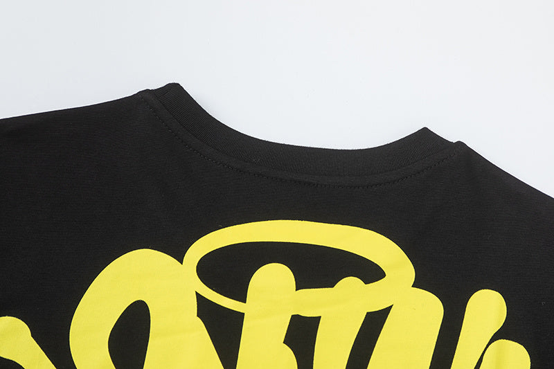 Men's black crew neck short sleeve graphic T-shirt with yellow and white front print - view 3