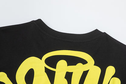Men's Black Graphic T-Shirt, Crew Neck Short Sleeve Streetwear Tee