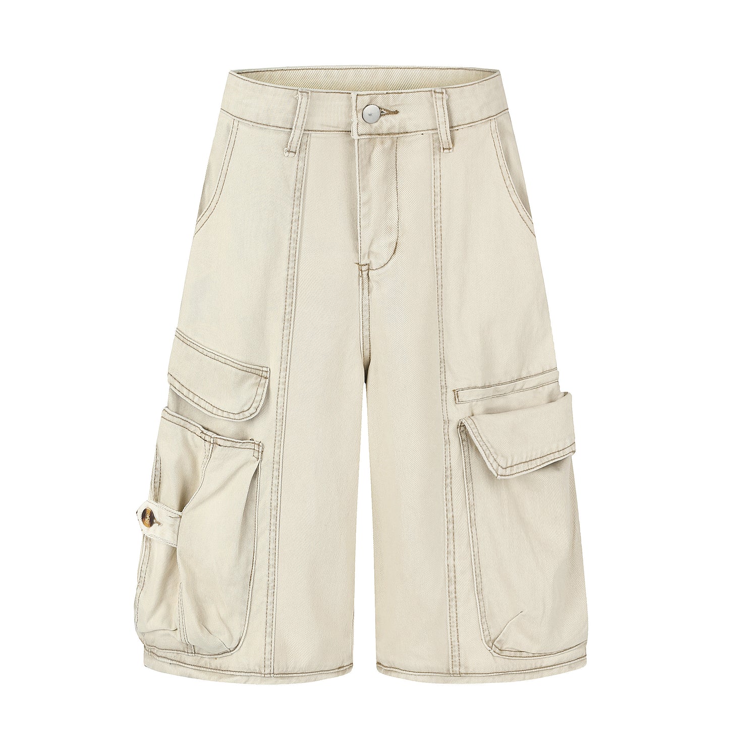 Women's Multi-Pocket Cargo Wide Leg Denim Shorts - Khaki Front View