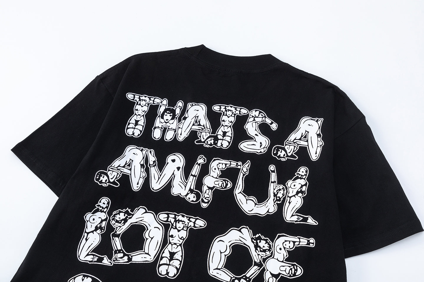 Black unisex oversized graphic T-shirt with white figure lettering print on front and back - view 3