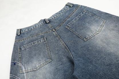 Women's Script Embroidery Rhinestone Wide Leg Denim Shorts High Waist Washed Casual Streetwear Jean Shorts