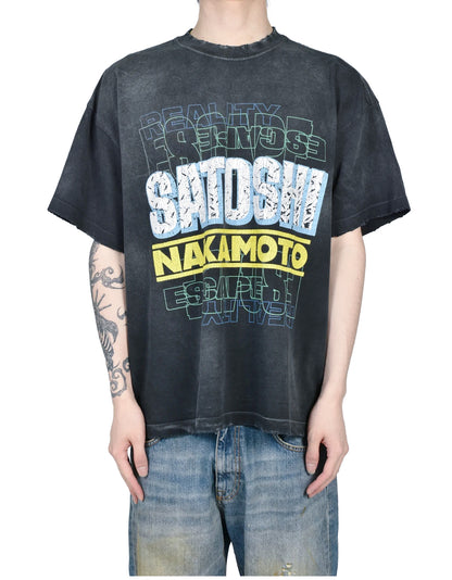 Satoshi Nakamoto Stack Letter Logo Tee Washed Navy 300g Heavy Cracked Print Distressed Raw Hem Streetwear Short Sleeve | Stack Reality Tee