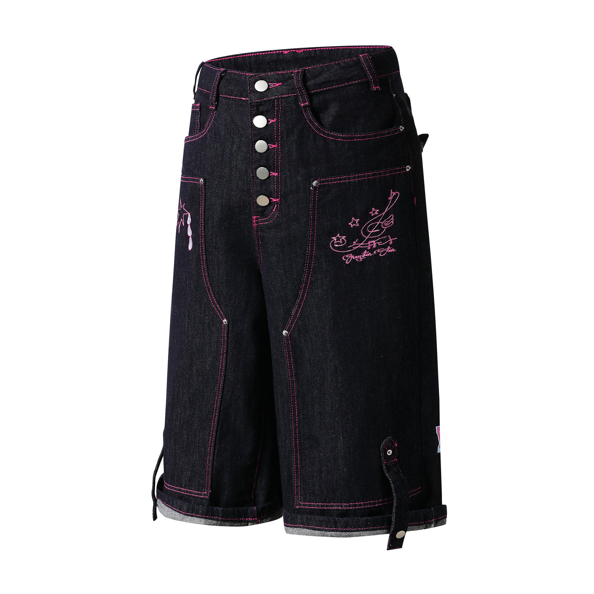 Rock Heart Embroidery Wide Leg Denim Shorts - Side View