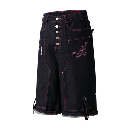 Heart Pocket Guitar Embroidery Wide Leg Denim Shorts Pink Stitch Button Fly Rhinestone Streetwear Baggy Jean Shorts | Rock Heart