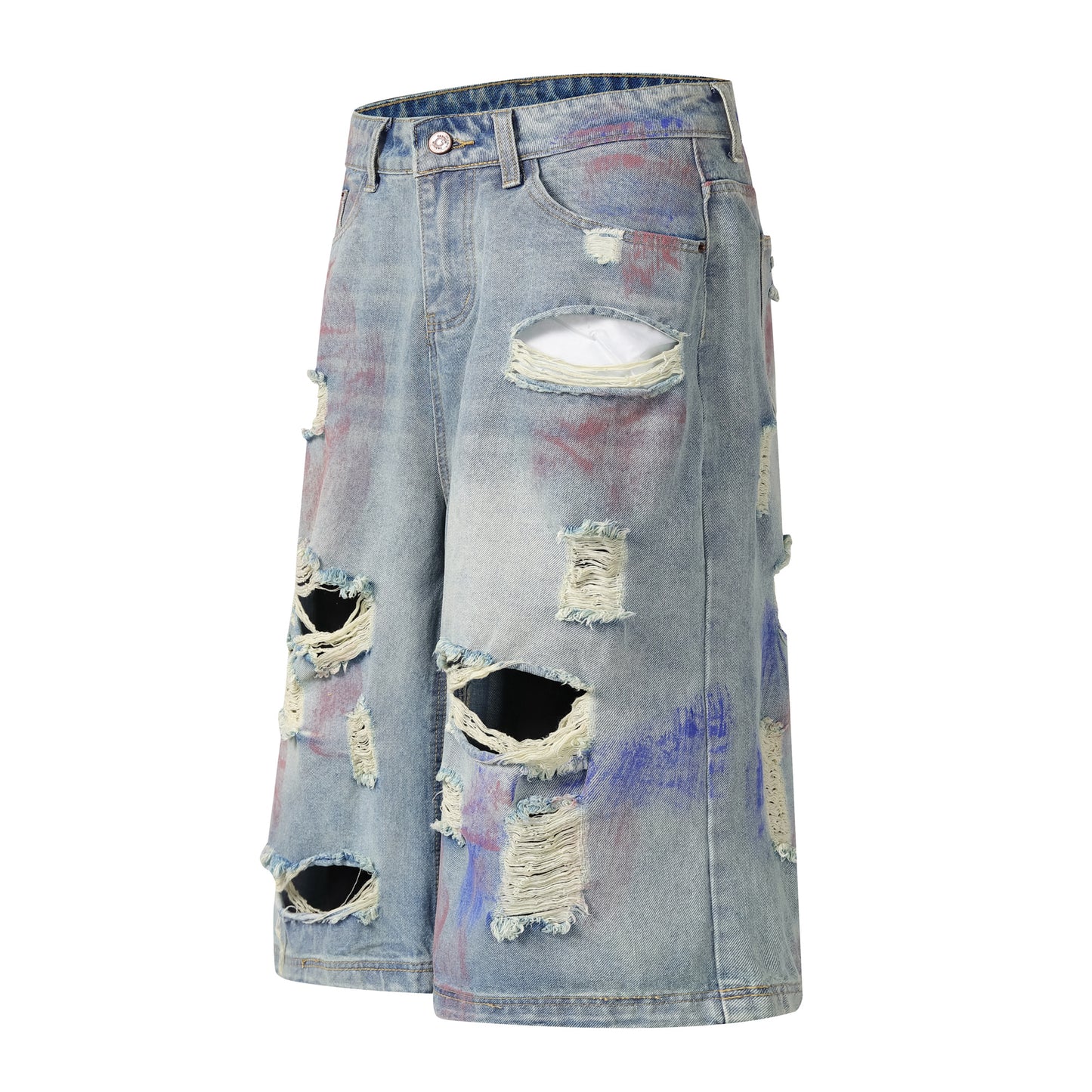 Paint splash ripped denim shorts front view