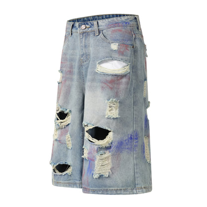 Paint Splash Distressed Ripped Denim Shorts Wide Leg High Waist Washed Streetwear Summer Casual Jean Shorts | Violet Wreck