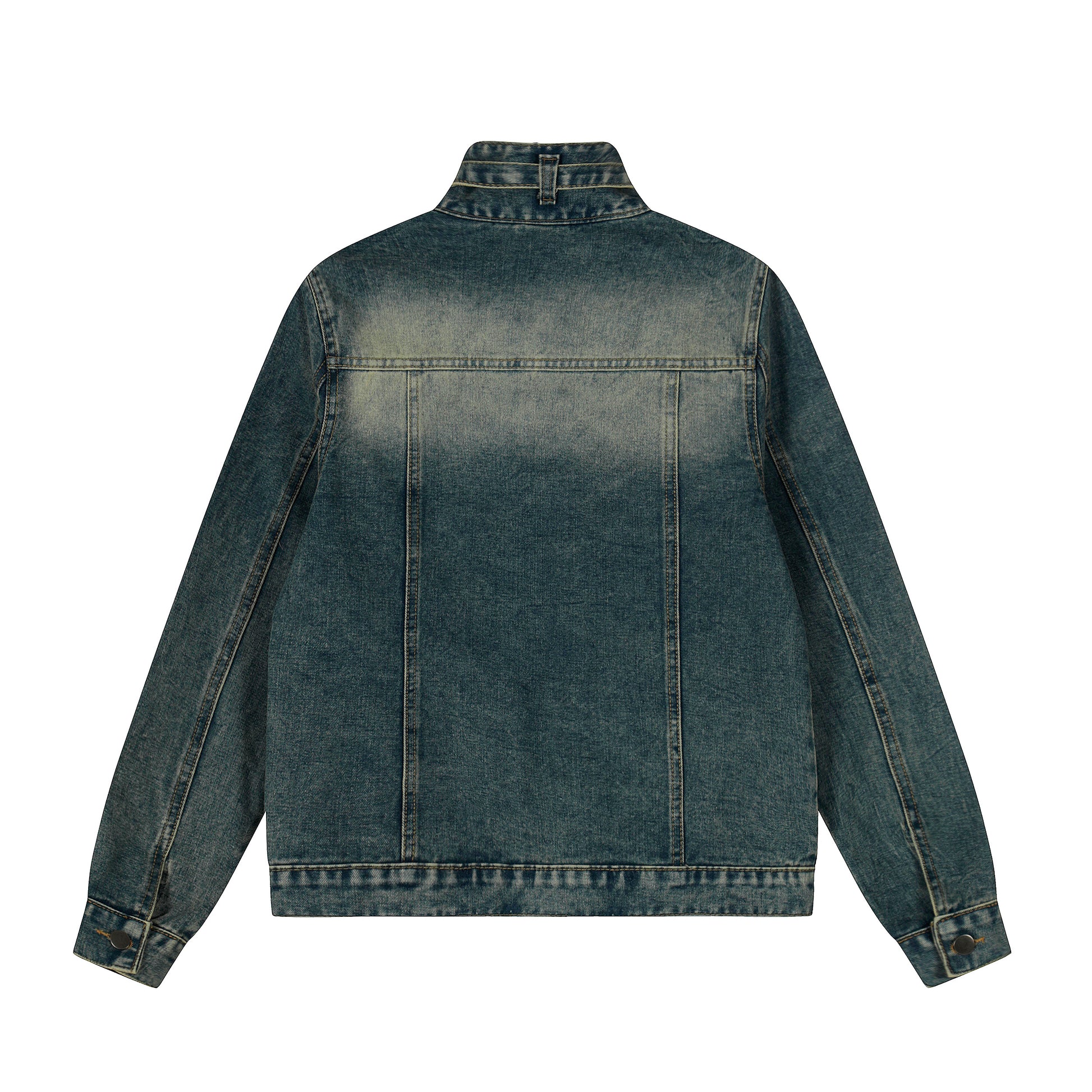 Stand collar zip denim jacket washed blue front