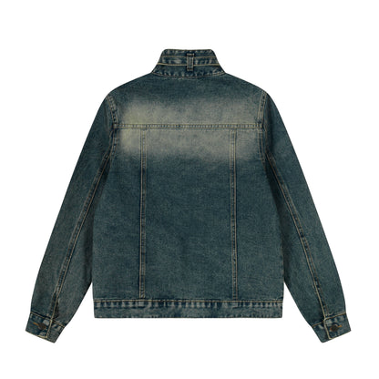 Stand Collar Zip Denim Jacket Washed Vintage Streetwear Oversized Y2K Casual Moto Coat | Indigo Moto