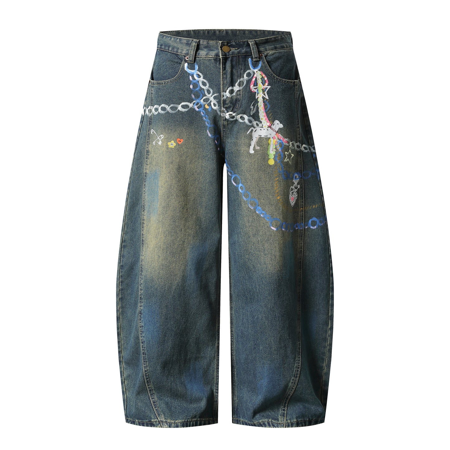 Graphic chain print wide leg baggy jeans light blue and vintage blue colorways