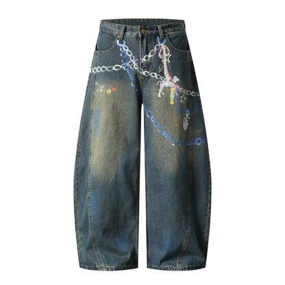 Graphic Chain Print Wide Leg Baggy Jeans Washed Denim High Waist Streetwear Y2K Casual Pants