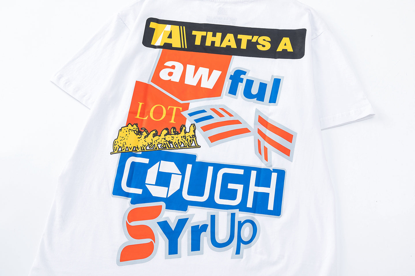 Adult graphic print crew neck T-shirt shown in black and white with colorful Cough Syrup typography - view 3