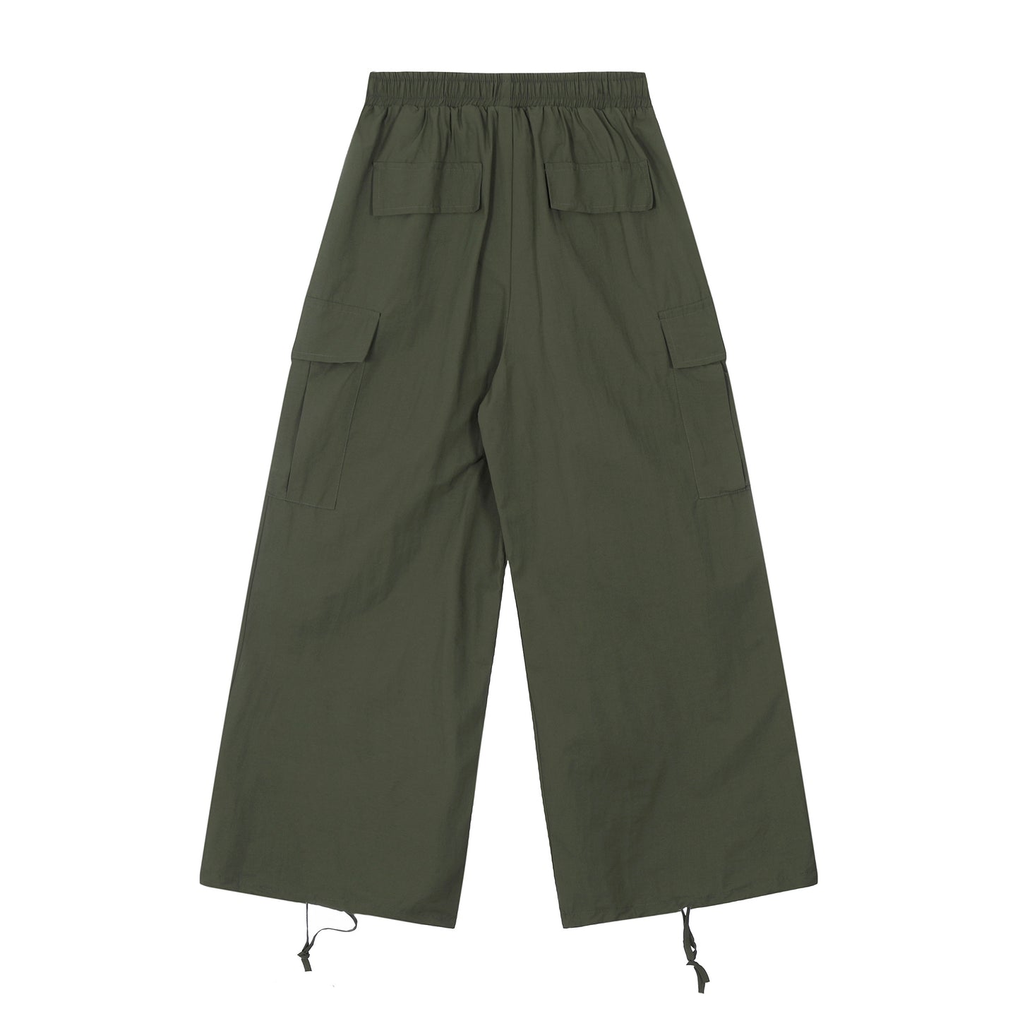Elastic Waist Drawstring Cargo Wide Leg Pants - Green Cinched Hem