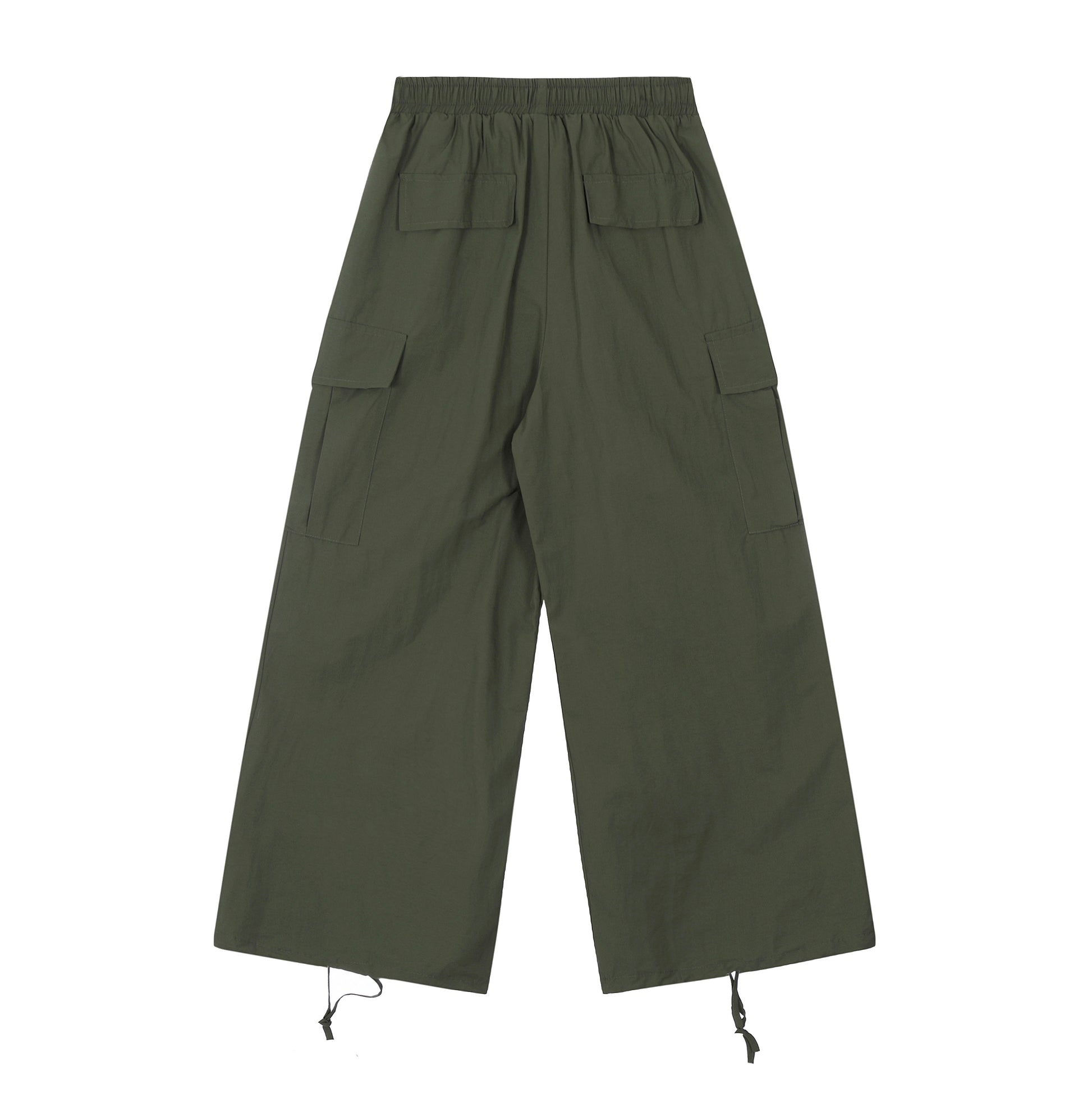 Elastic Waist Drawstring Cargo Wide Leg Pants - Green Cinched Hem