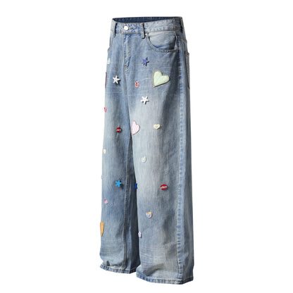 Heart Star Embroidery Patch Wide Leg Jeans Kawaii Colorful Applique High Waist Baggy Denim Pants Streetwear Barrel Trousers | Heart Scatter