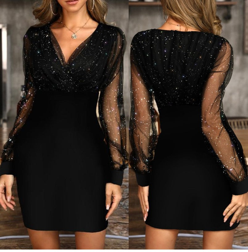 Mesh-Kleid mit V-Ausschnitt und Pailletten, schmales, sexy Kleid auf Lager