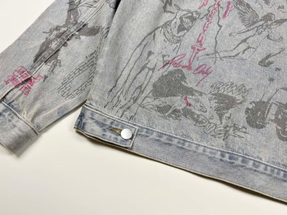 Represent Sketch Allover Print Denim Jacket Heavy Washed Distressed Oversized Short Trucker Streetwear | Rept Sketch