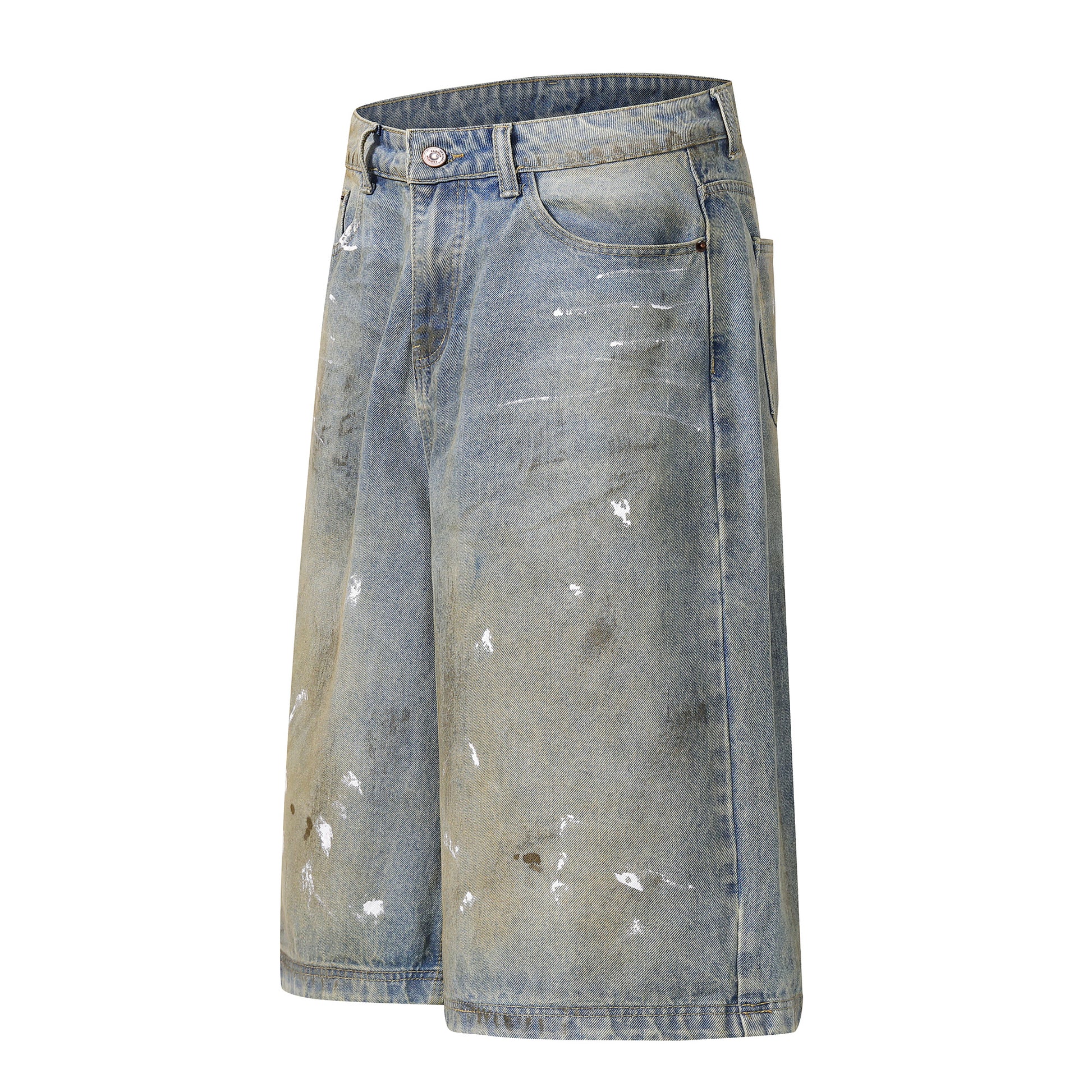 Paint splatter denim shorts front view