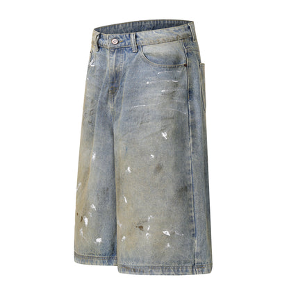 Paint Splatter Wide Leg Denim Shorts High Waist Washed Distressed Streetwear Summer Casual Jean Shorts | Chalk Drift
