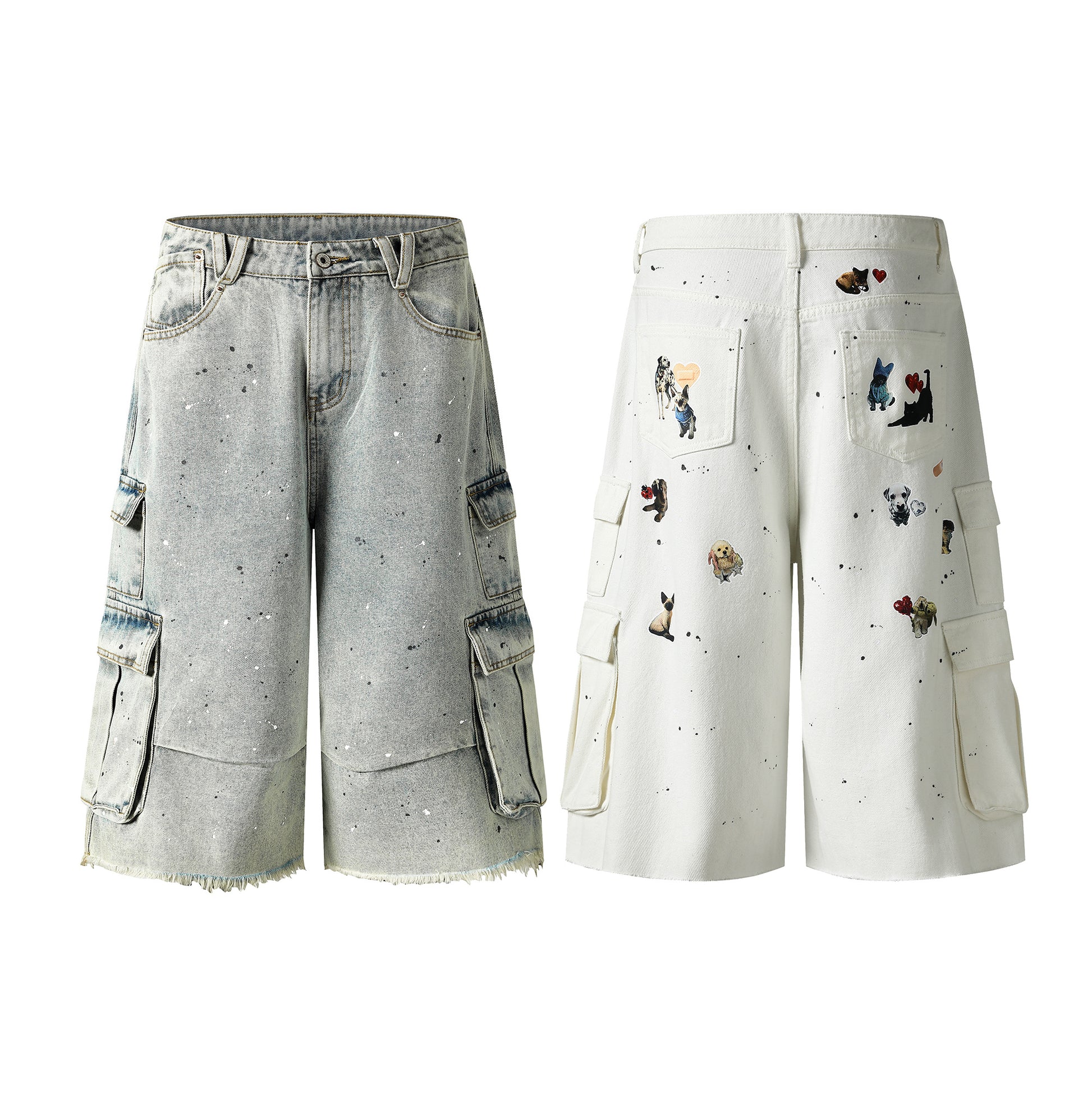 Light wash cargo denim shorts angled view