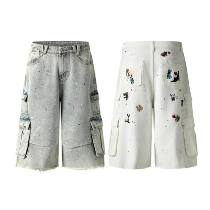 Dog Graphic Paint Splatter Cargo Denim Shorts Wide Leg High Waist Washed Multi-Pocket Streetwear Summer Casual Jean Shorts | Pup Cargo