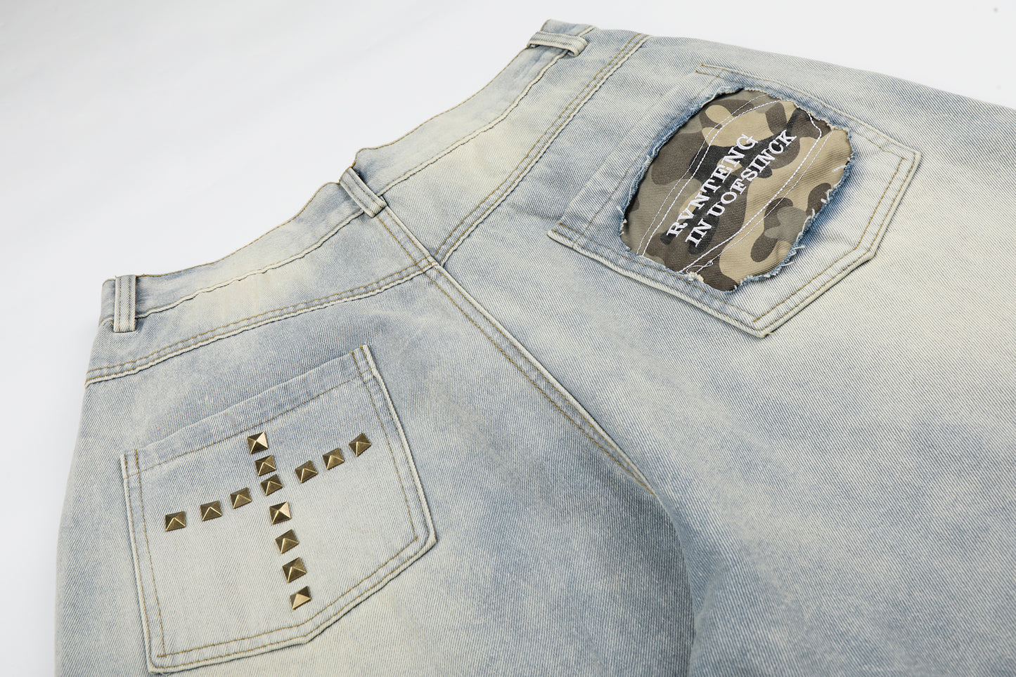 Women's Cross Rivet Camo Patch Wide Leg Denim Shorts High Waist Washed Streetwear RVNTENG Jean Shorts