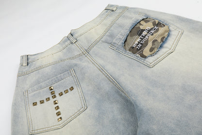 Women's Cross Rivet Camo Patch Wide Leg Denim Shorts High Waist Washed Streetwear RVNTENG Jean Shorts