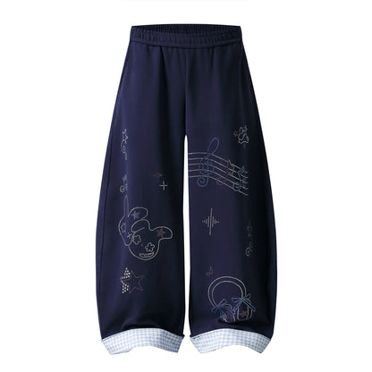 Rhinestone Music Note Graphic Wide Leg Pants Plaid Patchwork Balloon Trousers Elastic Waist Kawaii Streetwear Baggy Pants | Rhino Beat