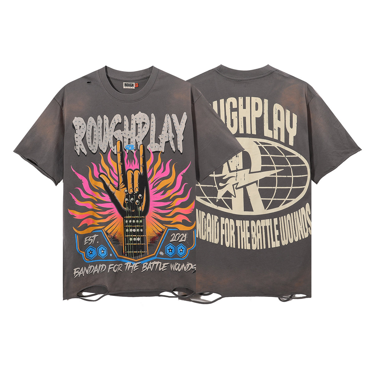 编号R065，批60，RoughPlay Rock手势吉他印花烫钻设计破洞做旧洗水短袖T恤17 - 3