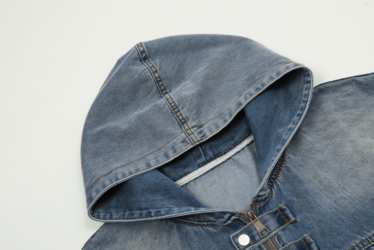 Washed Denim Hooded Jacket Oversized Zip Up Snap Button Streetwear Y2K Vintage Casual Jean Jacket | Denim Hood