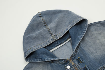 Washed Denim Hooded Jacket Oversized Zip Up Snap Button Streetwear Y2K Vintage Casual Jean Jacket | Denim Hood