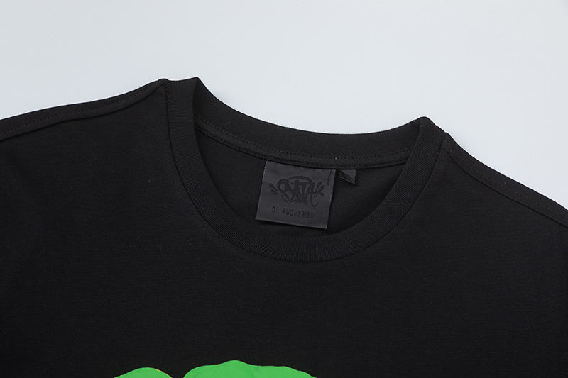 Black short sleeve crew neck T-shirt with bright green abstract graphic print - view 3