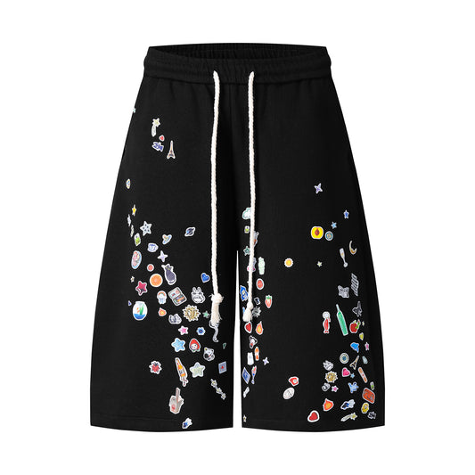 Kawaii Sticker Print Fleece Shorts Wide Leg High Waist Drawstring Sweat Shorts Streetwear Summer Casual | Sticker Bomb