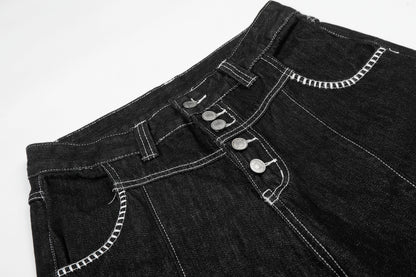 Women's Contrast Stitch 5-Button High Waist Wide Leg Denim Shorts Distressed Bermuda Y2K Streetwear Jean Shorts