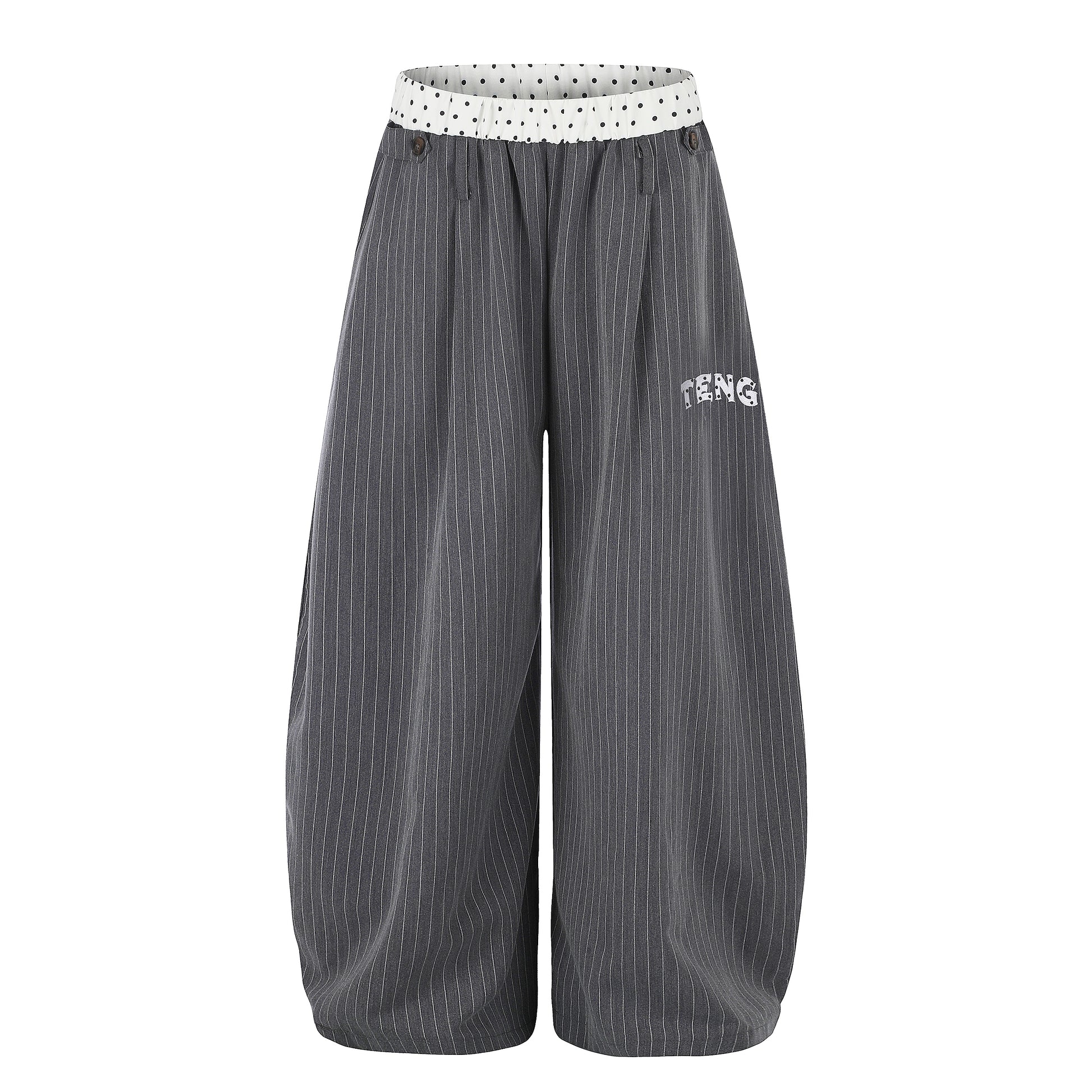 Women's TENG Embroidery Pinstripe Balloon Wide Leg Pants - Grey Side View
