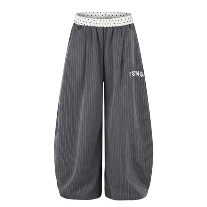 Women's TENG Embroidery Polka Dot Fold-Over Waistband Pinstripe Balloon Wide Leg Pants High Waist Casual Streetwear Trousers