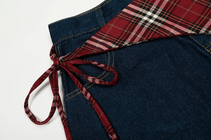 Women's Red Plaid Triangle Patchwork Waist Z American Flag Embroidery Balloon Wide Leg Denim Jeans High Waist Y2K Streetwear Baggy Jean Pants