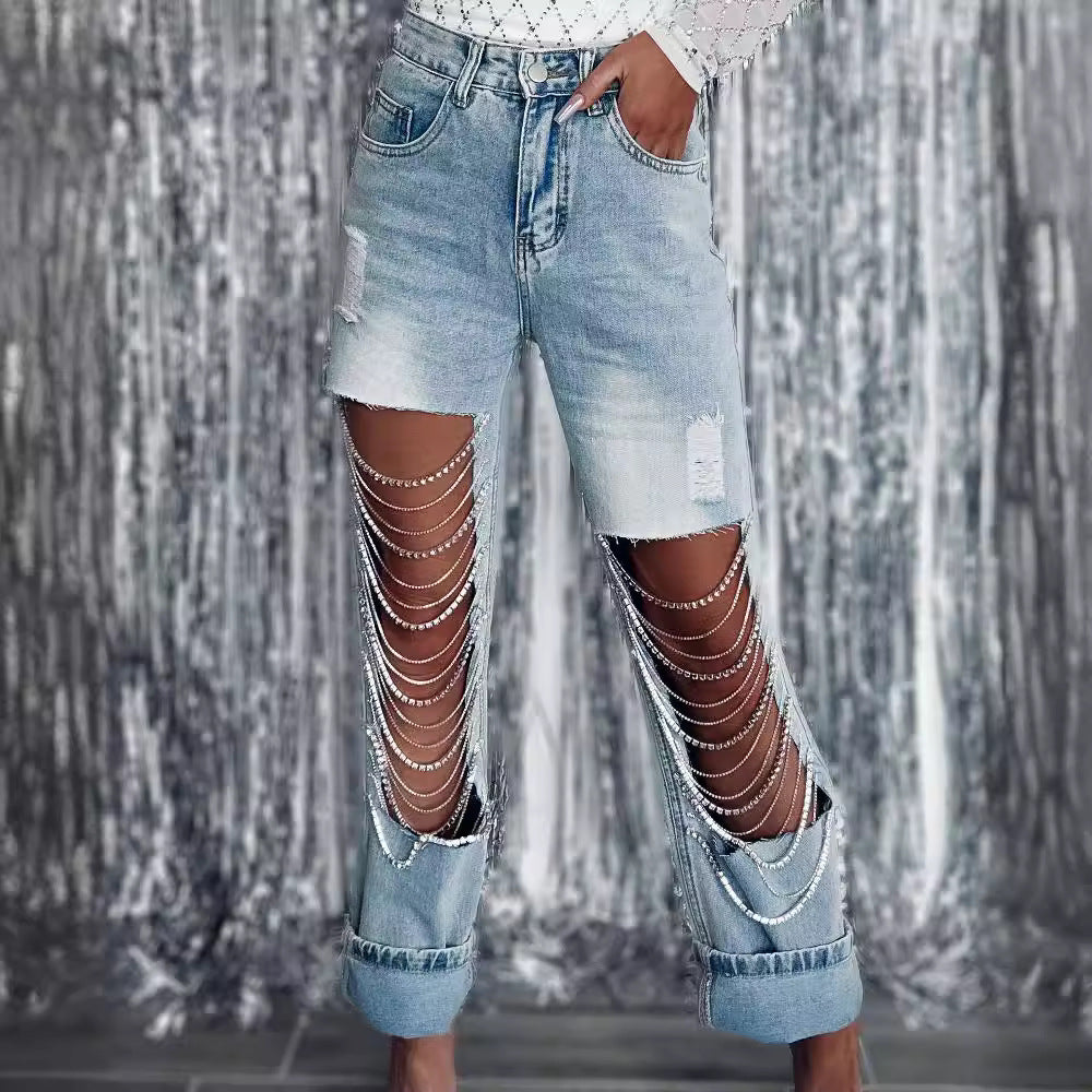 Early spring jeans with big holes for women, straight pants with chain ornaments