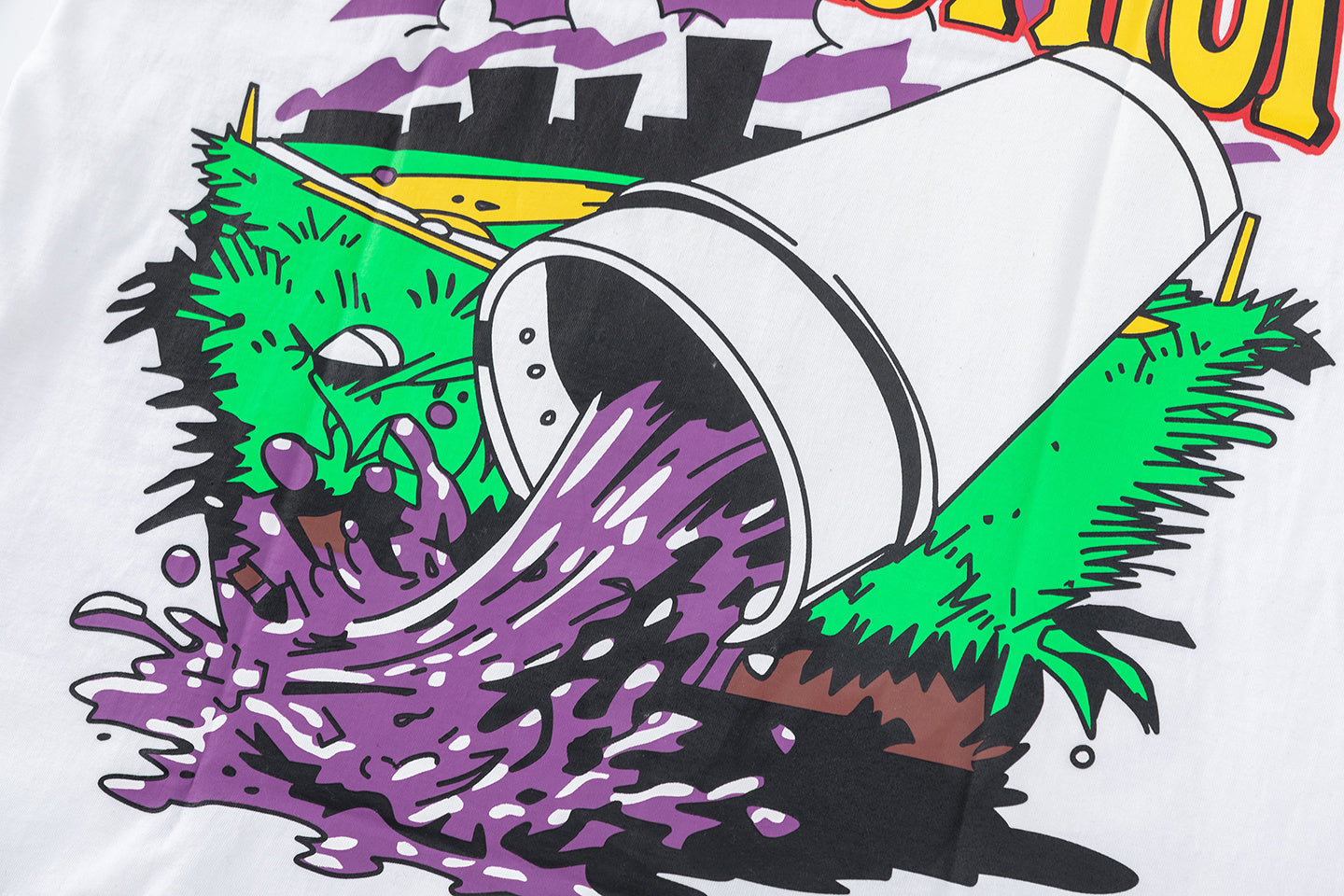 White oversized graphic T-shirt with colorful cough syrup and baseball player front print - view 3