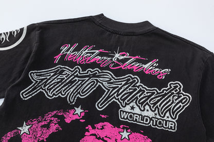 Flame Graphic Tee Pink Fire Angel Print Oversized Black Cotton Streetwear Casual Summer T-Shirt | Angel Fire