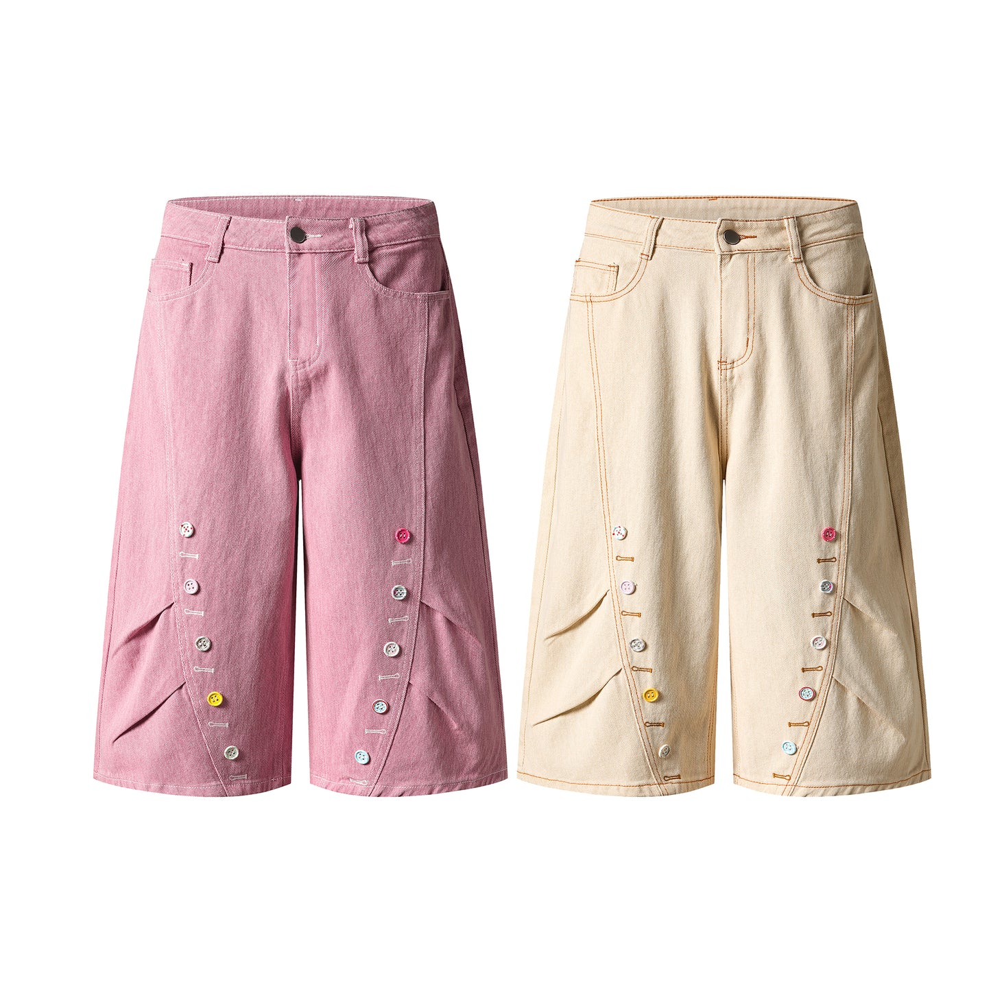 Button Row Wide Leg Denim Shorts - Beige Side