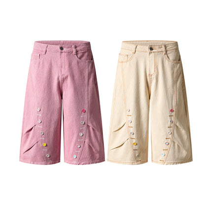 Colorful Button Embellished Wide Leg Denim Shorts Arc Seam Detail High Waist Casual Streetwear Baggy Jean Shorts | Button Row